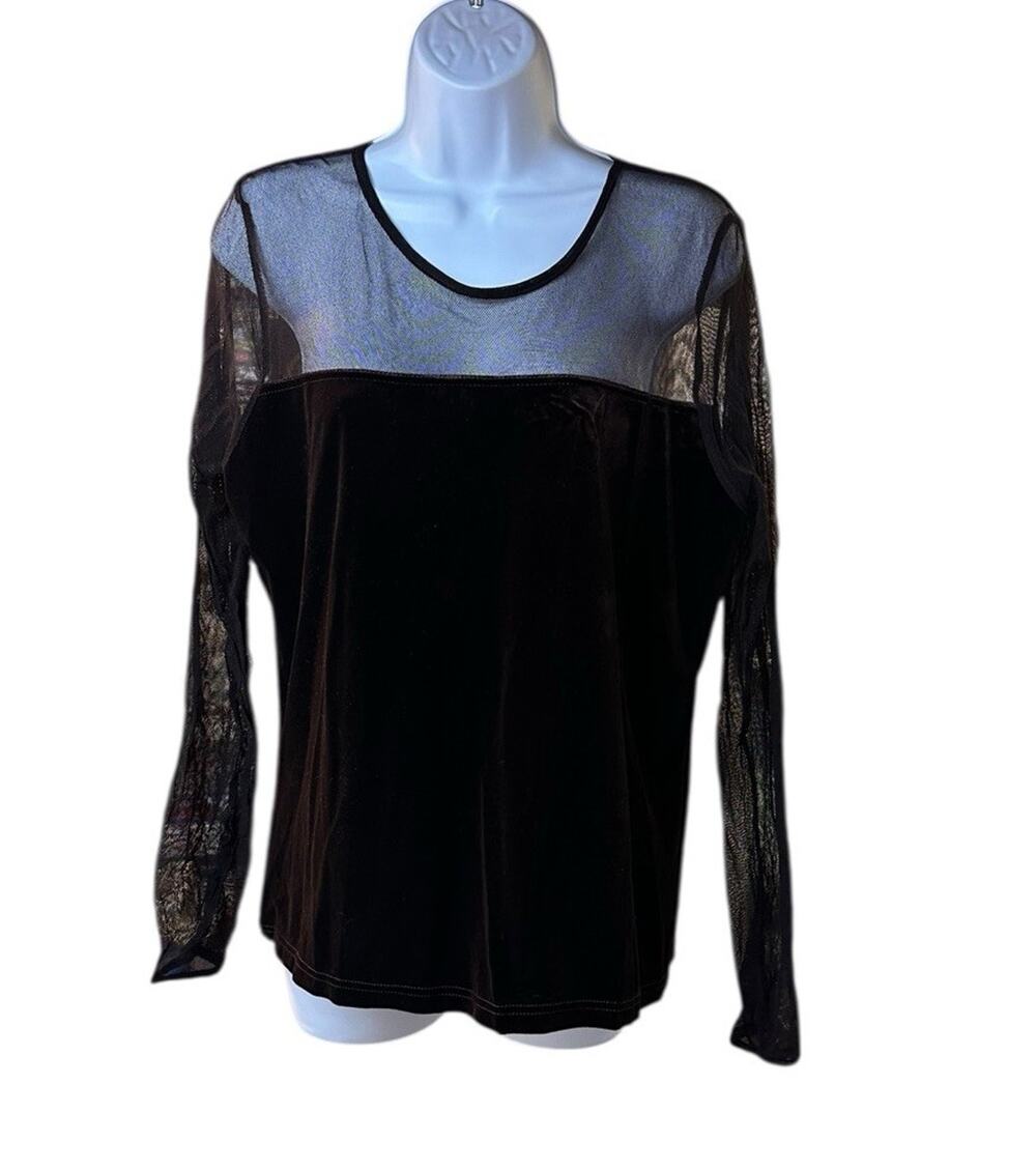 Gantos Dark Brown Velvet Mesh Sheer Panel Top Long Sleeve Size Large Y2K Goth